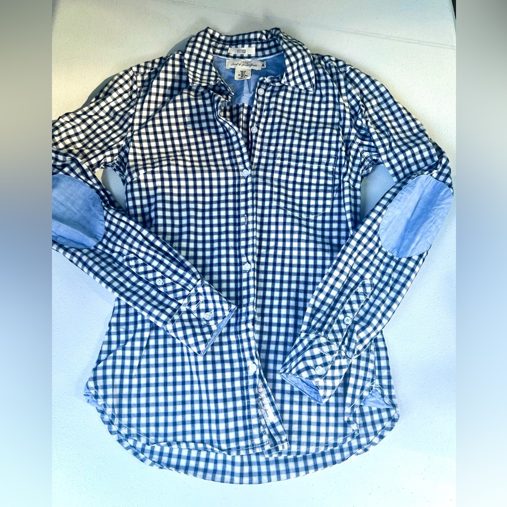 H&M L.O.G.G. Button Down checkered dress shirt Womens Size 4, Eur 34 blue white